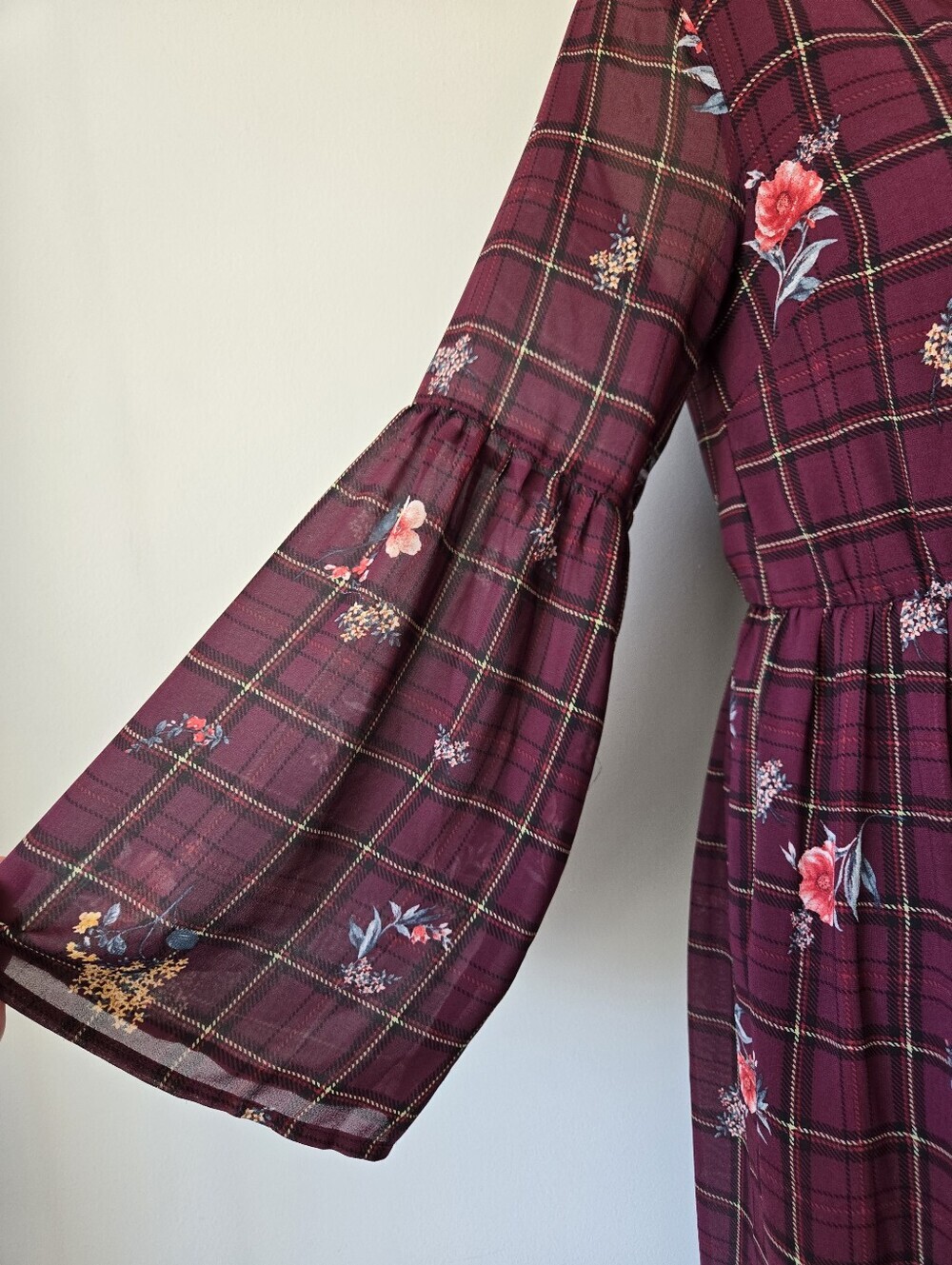 Orange Creek Burgundy Plaid Floral Long Sleeve Midi Dress. Size Small - Picture 5 of 15